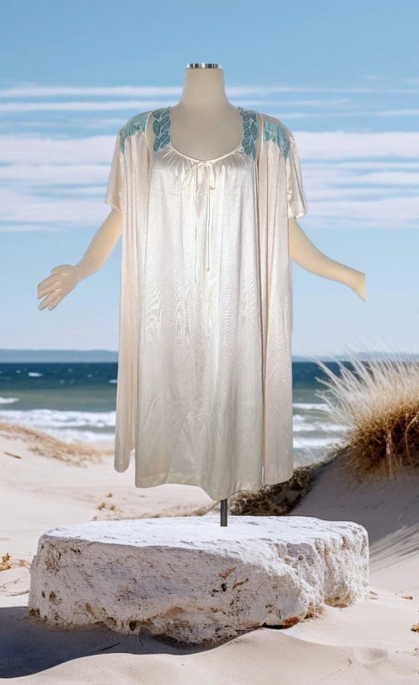 JOLIE TWO 100% Nylon Nightgown Robe Peignoir Light Orange Aqua Sz Medium VINTAGE - Image 1 of 4