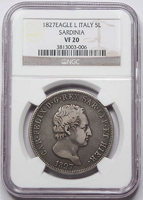 Italy Sardinia 1827 5 LIRE Coin NGC VF20 KM-116.1 Italian States Eagle L Felice - Image 1 of 4