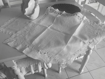 linge ancien Nappe En Lin Dentelle Broderie Ténériffe Monogramme D P - Photo 1/4
