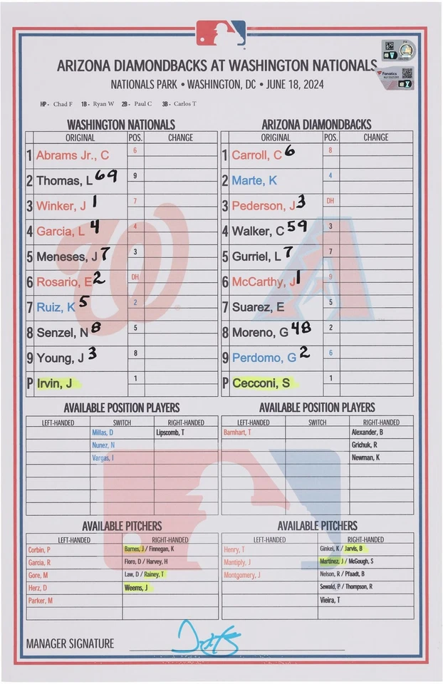 Washington Nationals GU Lineup Card vs. Arizona Diamondbacks on June 18, 2024 - Image 1 of 1