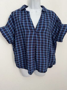Top Madewell Lakeeline Popover para mujer talla L azul a cuadros algodón manga corta - Imagen 1 de 7