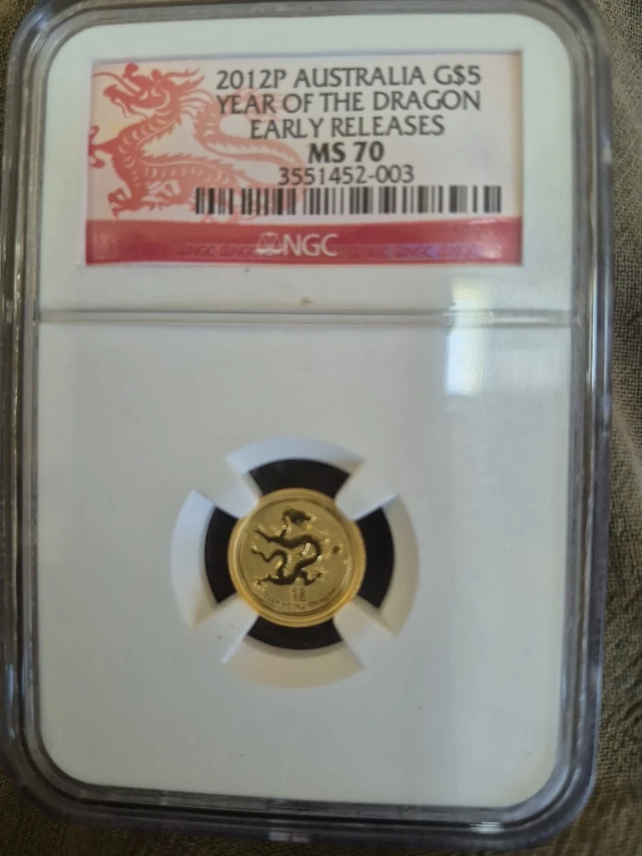 2012P Australia G$5 Year Of The Dragon 18,434 Minted. 999 GOLD. 1024 In MS70. - Image 1 of 2