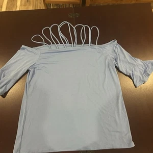 Top donna blu chiaro con spalline maniche a campana con volant XL boho festival casual - Foto 1 di 9