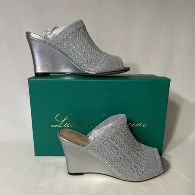 Lauren Lorraine Martha Shoes Womens Size 6 Silver Wedge Heels Sparkle Slide New - Image 1 of 4