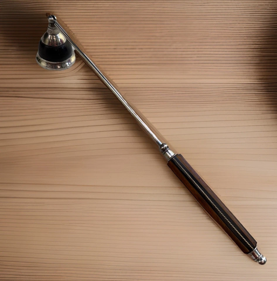 Vintage Candle Snuffer Ornate Silver Plate & Wood Black Horn Inlays 12” Handle - Image 1 of 3