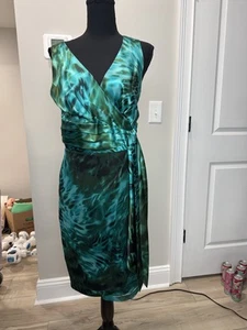 Gorgeous 100% Silk Teal Sleeveless Abstract Print Dress Faux-Wrap Knee Size 8 - Picture 1 of 10