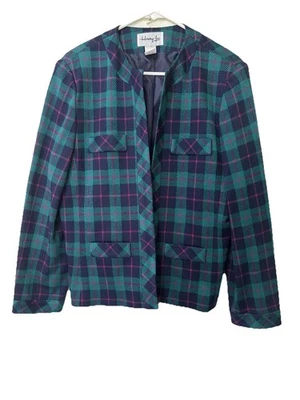 Vintage Henry Lee Womens Offset Open Blazer Jacket Size 14 Blue Green Pink Plaid - Image 1 of 4