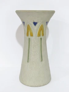 Florero amarillo de cerámica artesanal Roseville 10” gris mostique 1916 164-10 - Imagen 1 de 6