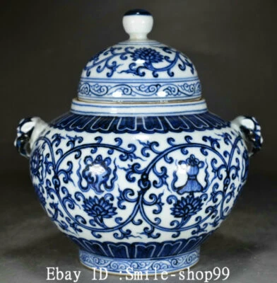Tarro de olla de barro con cabeza de bestia de porcelana blanca azul Ming Dy de 7" símbolo auspicioso Foto 1 de 4