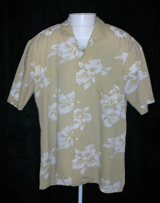 EMS Mens Large Beige White Hibiscus Short Sleeve Button Up Hawaiian Shirt - Image 1 of 4