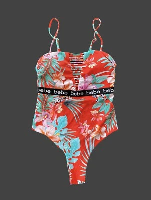 Винтажный BEBE красный тропический цельный купальник гибискус цветы S / M Hi вырез 🌺 - Изображение 1 из 4