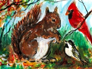 ORIGINAL ACEO Painting Red Squirrel & Birds Autumn FALL Tree Landscape ATC ART - Afbeelding 1 van 1