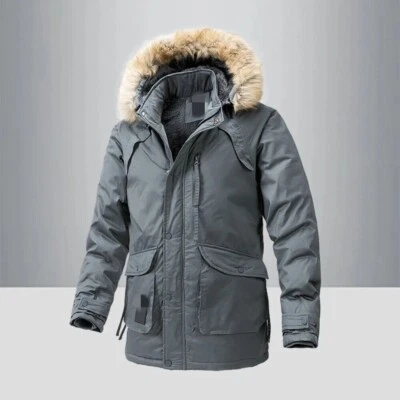 Cálidas Parka Chaquetas Hombres Piel Con Capucha Invierno Chaquetas Trinchera Exterior Abrigos Térmicos Foto 1 de 4