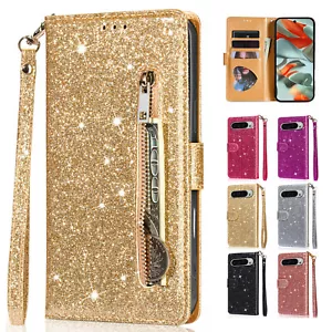 For Google Pixel 9Pro XL/9 Pro Glitter PU Leather Stand Zipper Slot Case+Strap - Picture 1 of 48