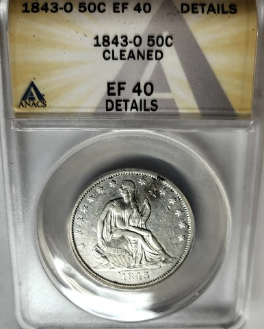 1843-O  Seated Liberty Half Dollar ANACS EF-40 Det. Certified Better Date Coin Cover