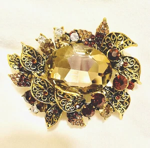 Brown Amber Flower Corsage Brooch Pin Statement Glass Acrylic Rhinestones 2.5”L - Picture 1 of 9