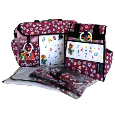 Vintage EK Embroidered Baby Bottle Diaper Bag Set - Checkered Floral - Burgundy - Image 1 of 4