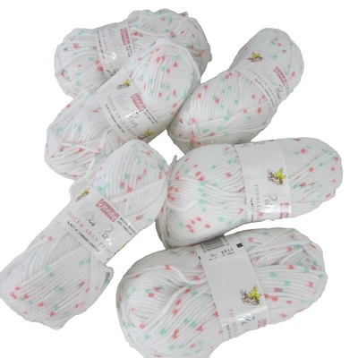Lot 6 Skeins Wendy Peter Pan Toddler Aran Print Yarn White Mint Green Coral Pink - Image 1 of 4