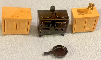 Epoch Dollhouse Kitchen Stove (Black), Sink, and Cabinet with Pan 1985 Plastic - Image 1 of 4