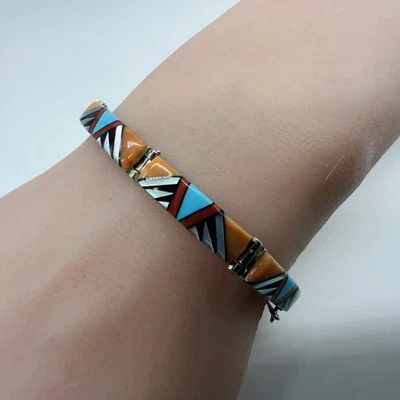 Brazalete de eslabones con incrustaciones de varias piedras de plata esterlina nativa americana de colección 14,2 g #bgs Foto 1 de 4