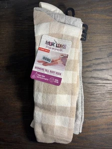 MUK LUKS Wool Blend Boot Socks Sz 6-11 Grey/Ivory/Tan Plaid WOMEN 3PAIR NEW - Picture 1 of 8