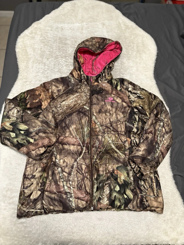 Casaco Mossy Oak camuflado rosa feminino tamanho XL capuz isolado zíper completo - Imagem 1 de 4