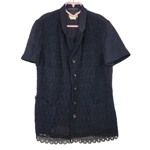 Vintage COMME DES GARCONS 1980s Navy Blue Wool Boxy Lace Applique Button Shirt M - Picture 1 of 16