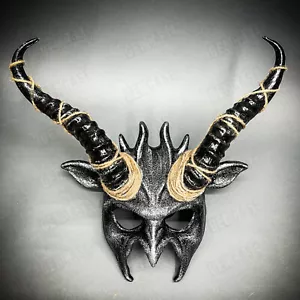 Black Silver Demon Devil Satan Black Impala Horns Masquerade Party Costume Mask - Picture 1 of 5