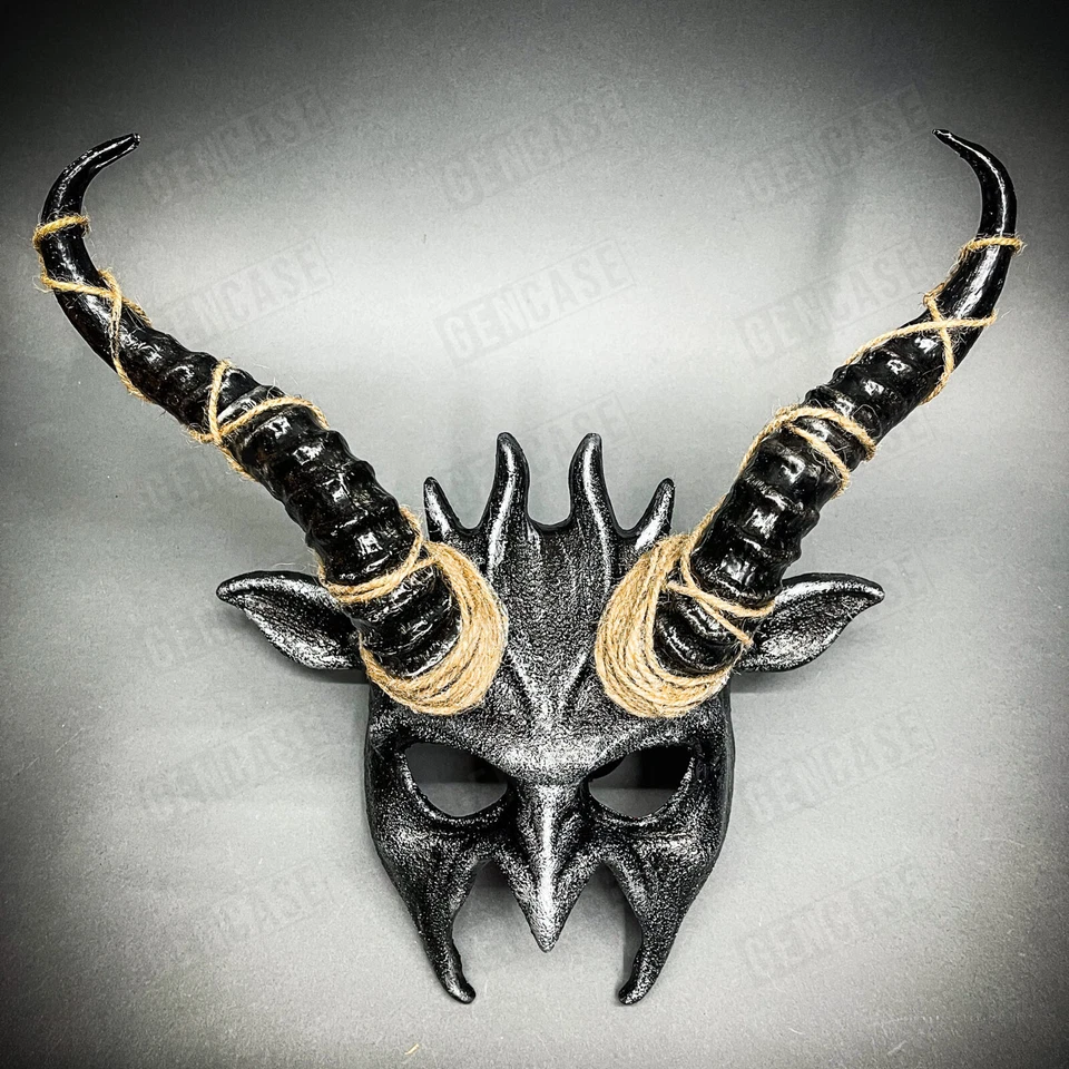 Black Silver Demon Devil Satan Black Impala Horns Masquerade Party Costume Mask - Image 1 of 4
