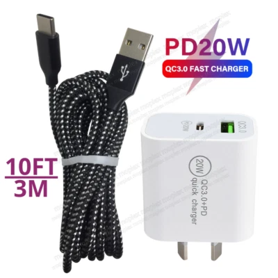 USB C Fast Wall Charger Block PD 20W Power Adapter 3M Type C Cable For Samsung - image 1 of 4