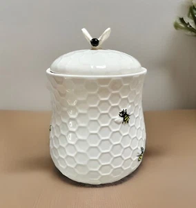 NEW Honey Comb & Bees 3D Textured White Ceramic Canister /Cookie Jar w/Lid - Picture 1 of 16