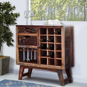 2 Drawer Wooden Wine Bar Cabinet with Multiple Wine Bottle Slots, Rustic Brown