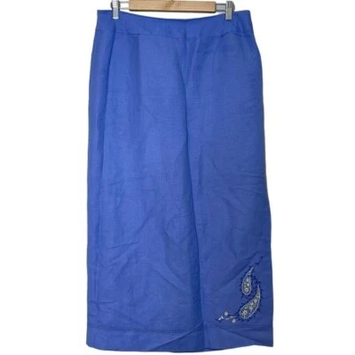 Emma James 亚麻混纺刺绣佩斯利侧开衩中裙 12 码蓝色 — 第 1/4 张图片