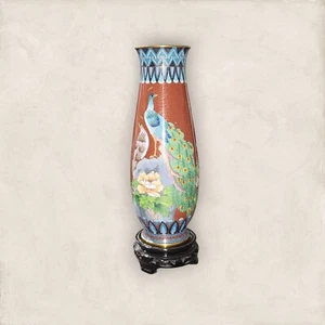 CLOISONNE BRASS ORIENTAL CHINESE VINTAGE 10" VASE WITH PEACOCK BIRDS & FLOWERS - Picture 1 of 10