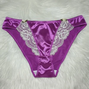 VTG Glossy Satin Panty Sissy Magenta Bikini White Lace Brief Size 7/L Hip 37-40" - Picture 1 of 21