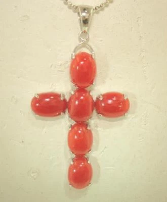 22.5MM SOLID 14K WHITE GOLD 6.18CTS ITALIAN RED CORAL OVAL BEAD CROSS PENDANT - Image 1 of 4