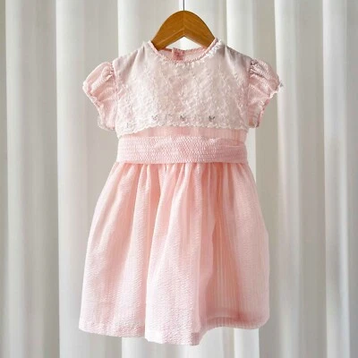 Vestido de Colección Años 50 Nanette Rosa Transparente Texturizado Nylon Manga Abullonada Bordado Niñas 2T Foto 1 de 4