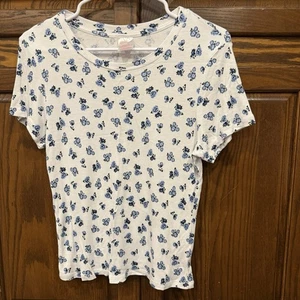 No Boundries Baby Tee Fitted Top L Large Ribbed White Blue Floral - Picture 1 of 4