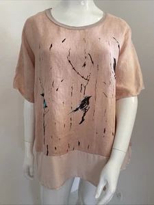 18-20 Made In Italy New Collection Pink Metallic Birds Linen Blend Tunic Top - Picture 1 of 14