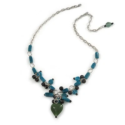 Romantic Glass and Ceramic Bead Heart Pendant Charm Necklace In Silver Tone - Image 1 of 4