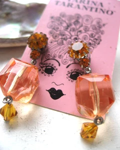 Tarina Tarantino Earrings  Orange Flame Lucite Cubes Crystal Post Dangle Vtg NWT - Picture 1 of 13