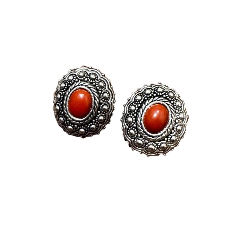 Pendientes de coral sintético tono plata vintage Western Southwest Boho Stud Post joyería Foto 1 de 4