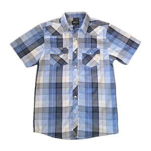 Gioberti Boy Youth M Pearl Snap Western Shirt Short Sleeve Plaid Blue - Picture 1 of 5