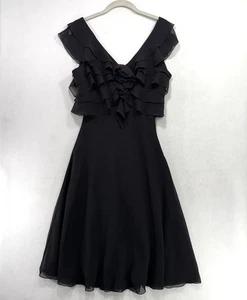 Vtg BCBG Dress 6 Black Y2K Chiffon Silk Ruffle Tiered Floral VNeck Elegant Fairy - Picture 1 of 12