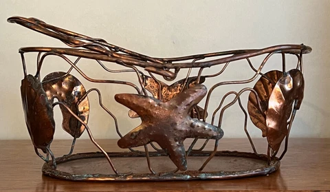 Vintage Coastal Copper Wire Oval Basket With Handle - Shell, Starfish Cover