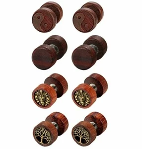 4 Pairs Wood Tree of Life Cheater Fake Ear Plugs Gauges Illusion Stud Earrings - Picture 1 of 6