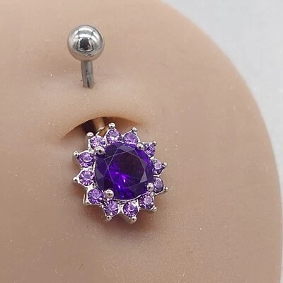 Belly Bars Button Piercing Bar Dangle Navel Body Jewellery Gem Ring Silver Round - Image 1 of 4
