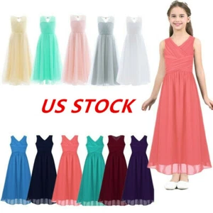 US Girls Kids Chiffon Flower Dress Princess Wedding Bridesmaid Ball Prom Gowns - Picture 1 of 40