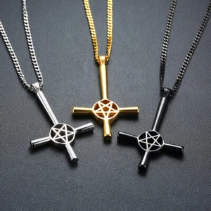 Halskette Anhänger Umgedreht Kreuz Pentagram Satan Punk Edelstahl 62cm Kette - Bild 1 von 15