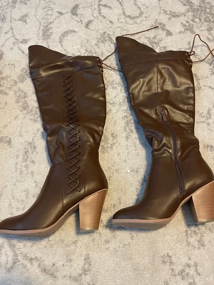 COLECCIÓN JOURNEE Mujer Marrón Encaje Spritz-P Punta Redonda Tacón Bloque Bota 10.5 Foto 1 de 4